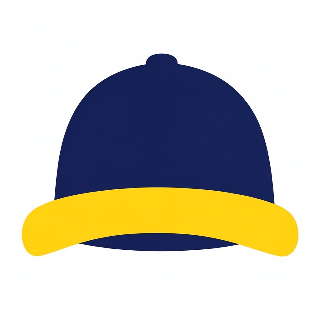 TBA branded cap in navy with yellow brim, flat vector illustration